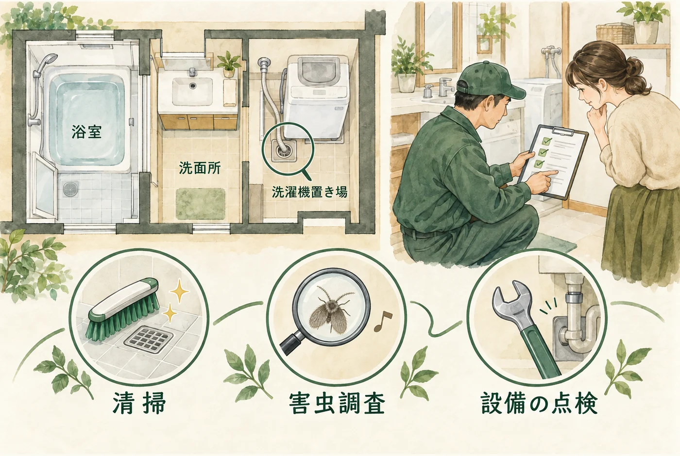 浴室・洗面・洗濯機まわりを確認し、清掃、害虫調査、設備点検へ分ける図