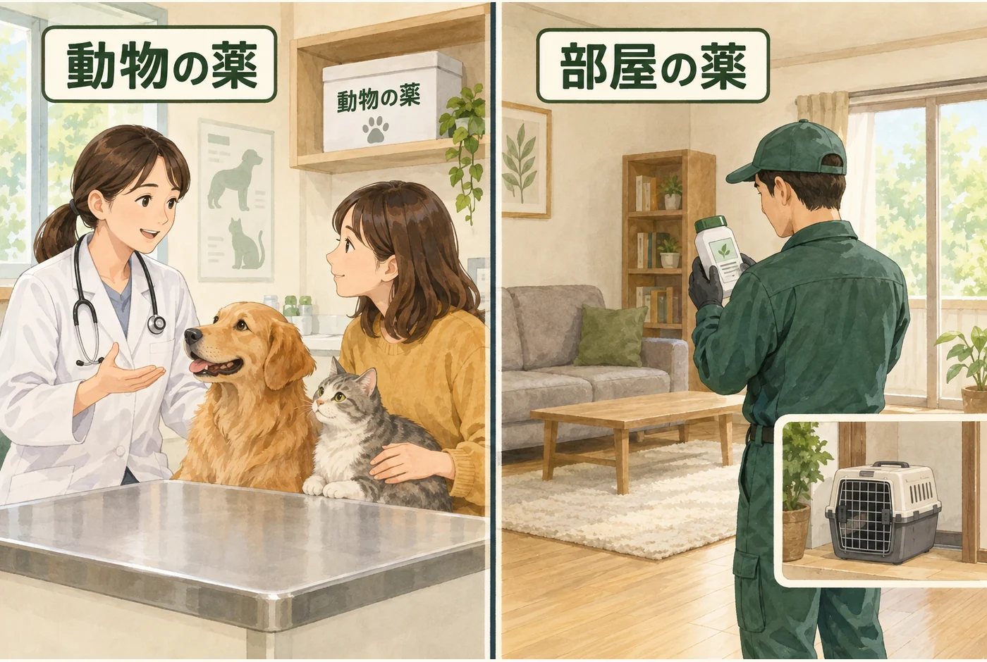 獣医師が扱うペット用の薬と、室内施工用の薬を別の場所で管理する図