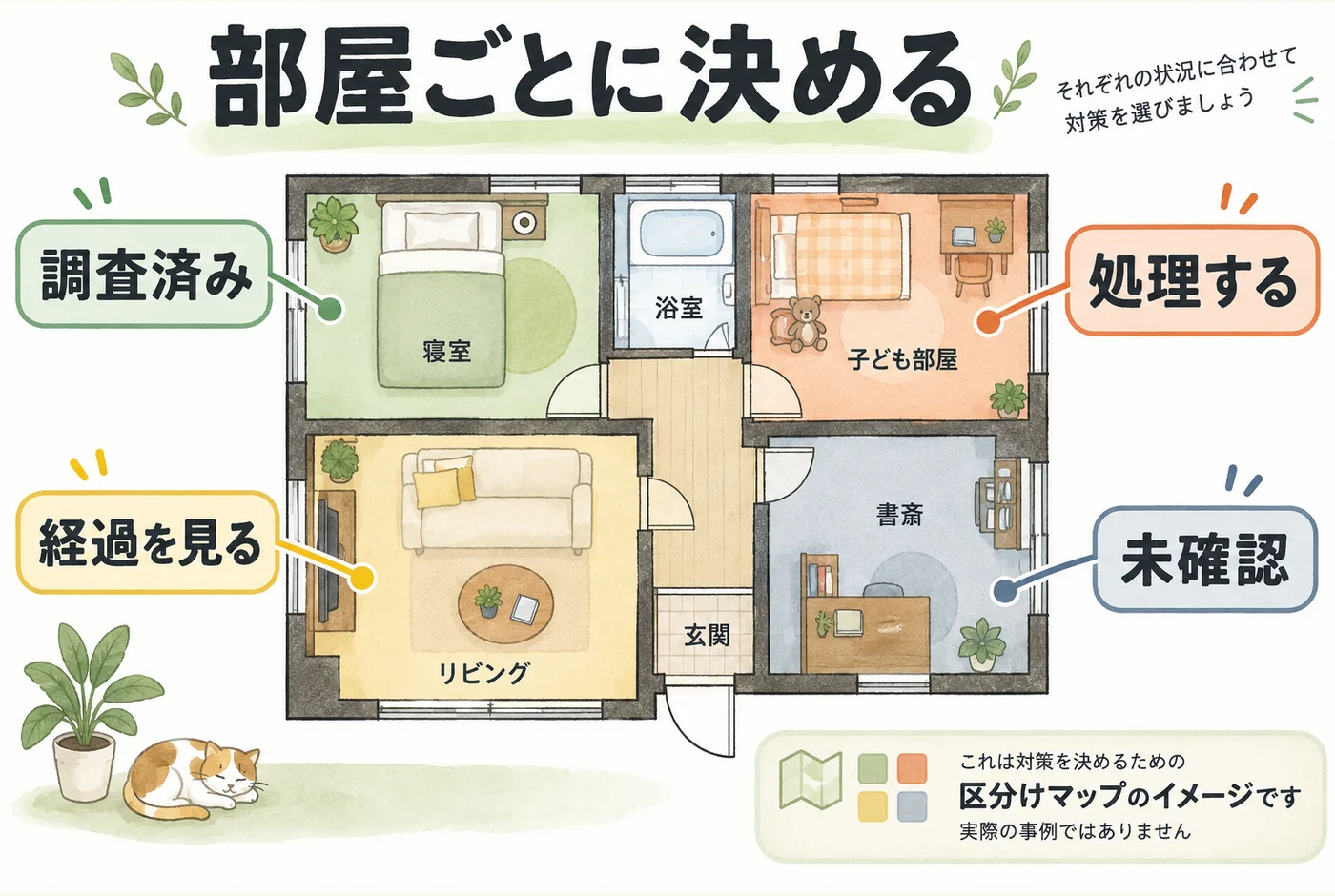 部屋を調査済み、処理する、経過を見る、未確認に分けた記録の例
