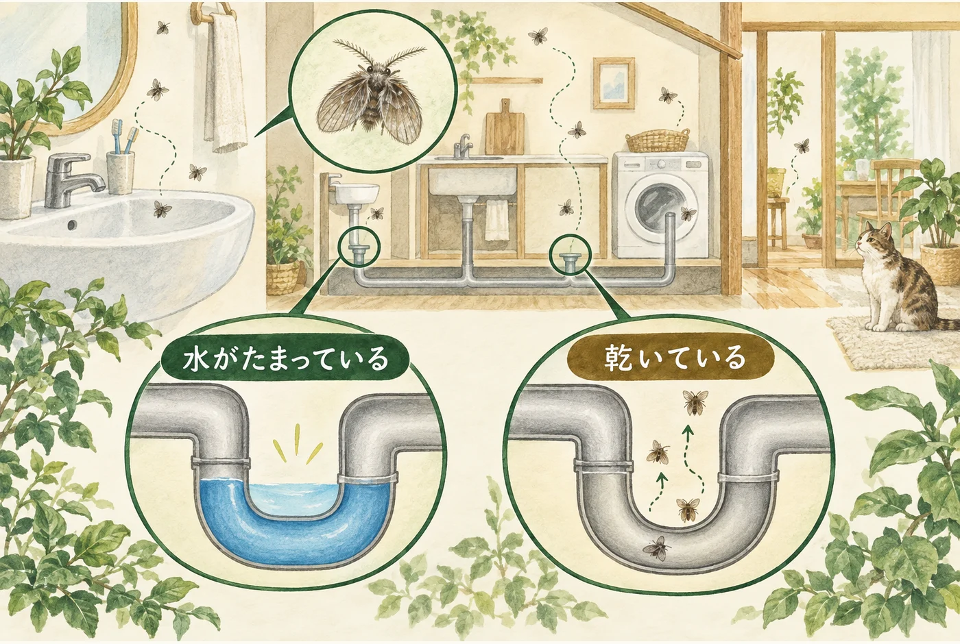 排水トラップに水がたまっている状態と、乾いている状態の比較