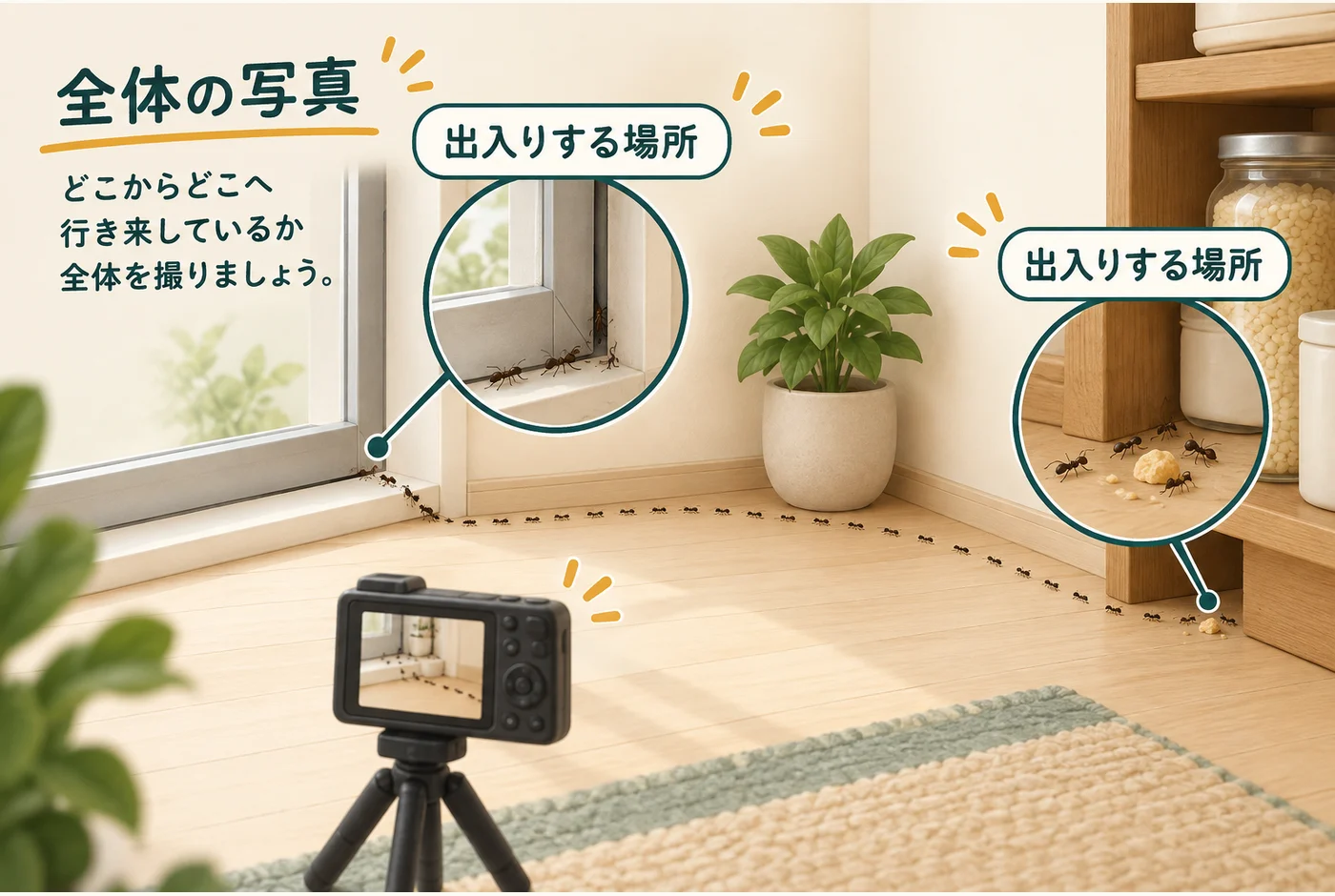 アリの行列の全体と、出入りするすき間を写真に残す図