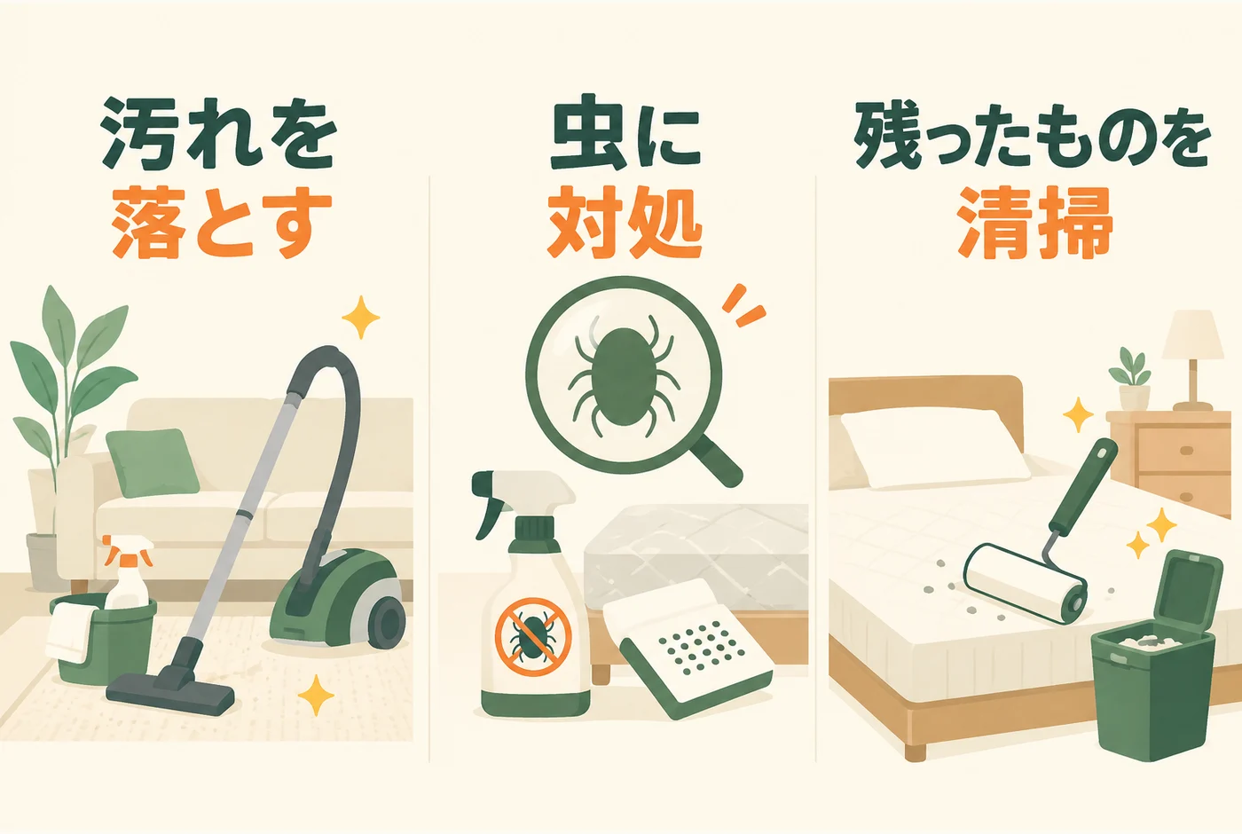 汚れの除去、虫への対処、残ったものの清掃という三つの目的
