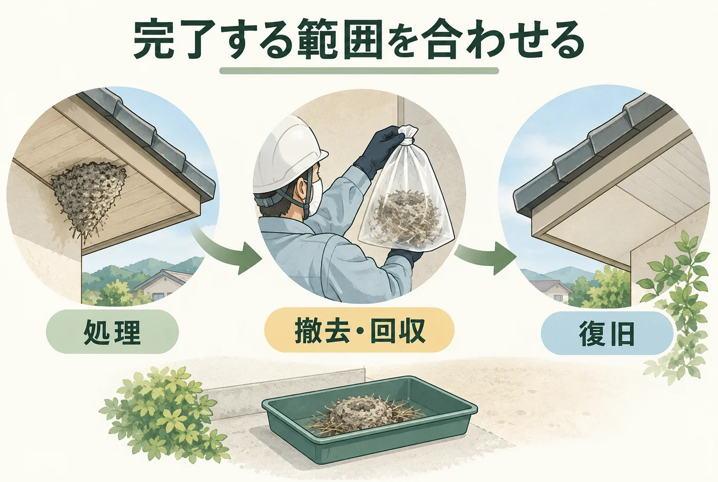 ハチの処理から巣の撤去・回収・復旧までを分ける