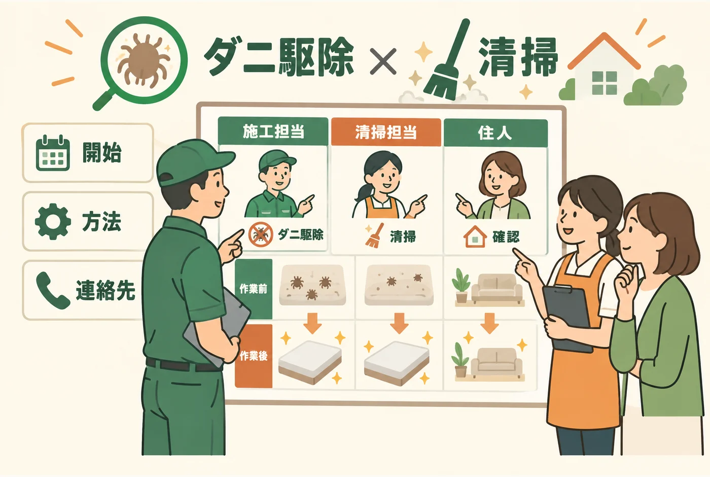 施工担当・清掃担当・住人で開始時期と方法、連絡先を確認する