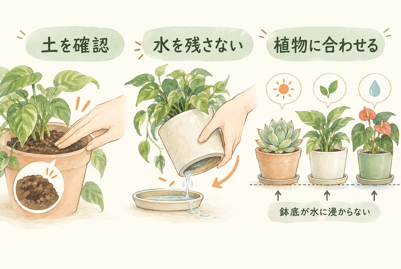 土の湿りを確認し、受け皿の余分な水を除き、植物に合う水管理をする順番