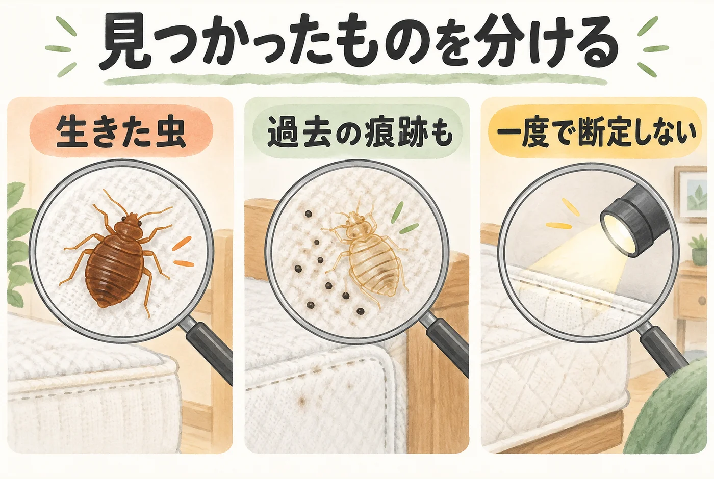 生きたトコジラミ、過去にも残る痕跡、一度見つからなかった場合の違い