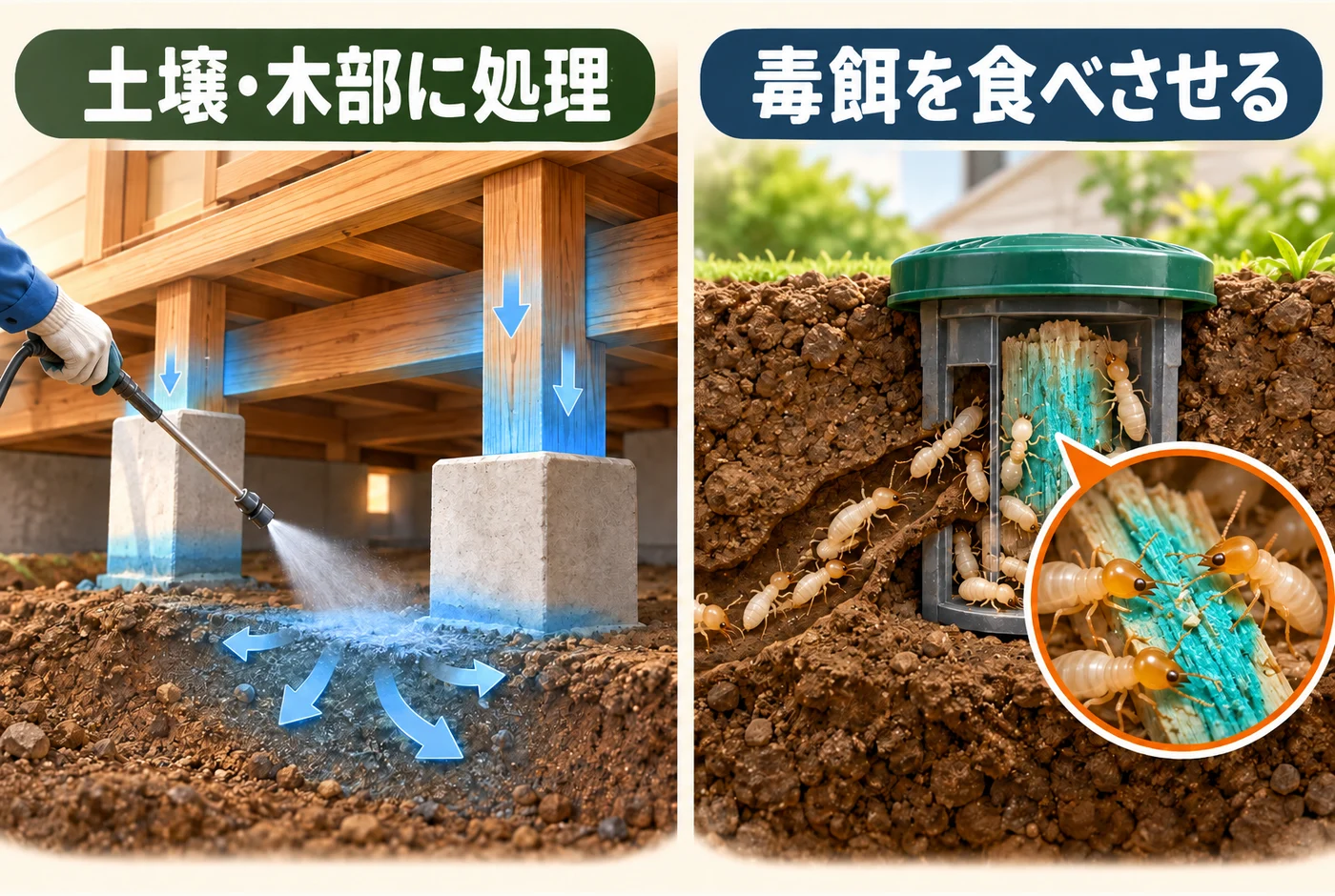 土壌・木部を処理するバリア工法と、餌の容器を点検するベイト工法の比較図