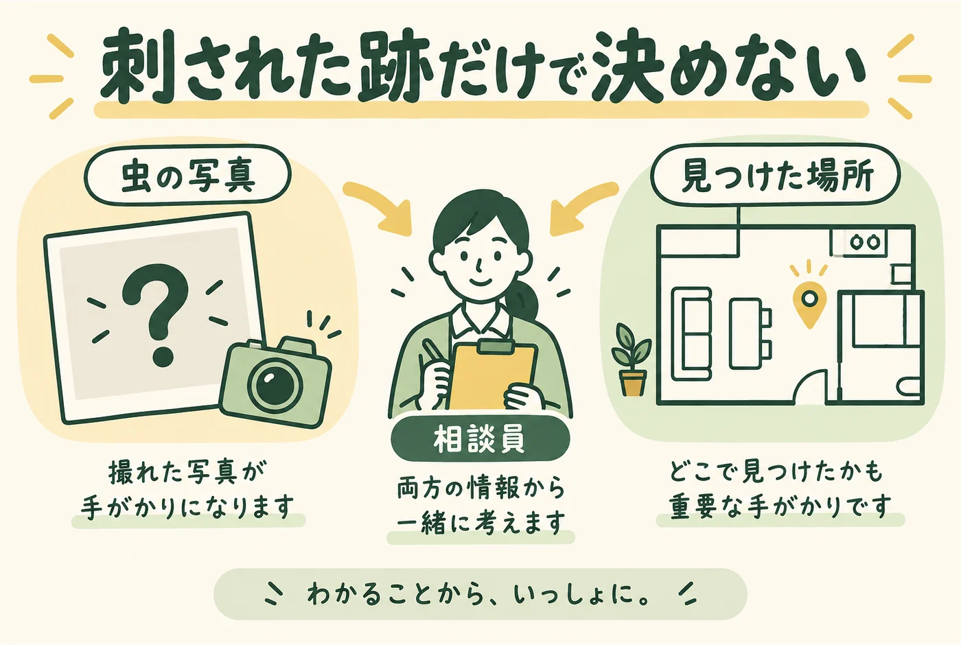 虫の確認と症状の相談を説明する図解