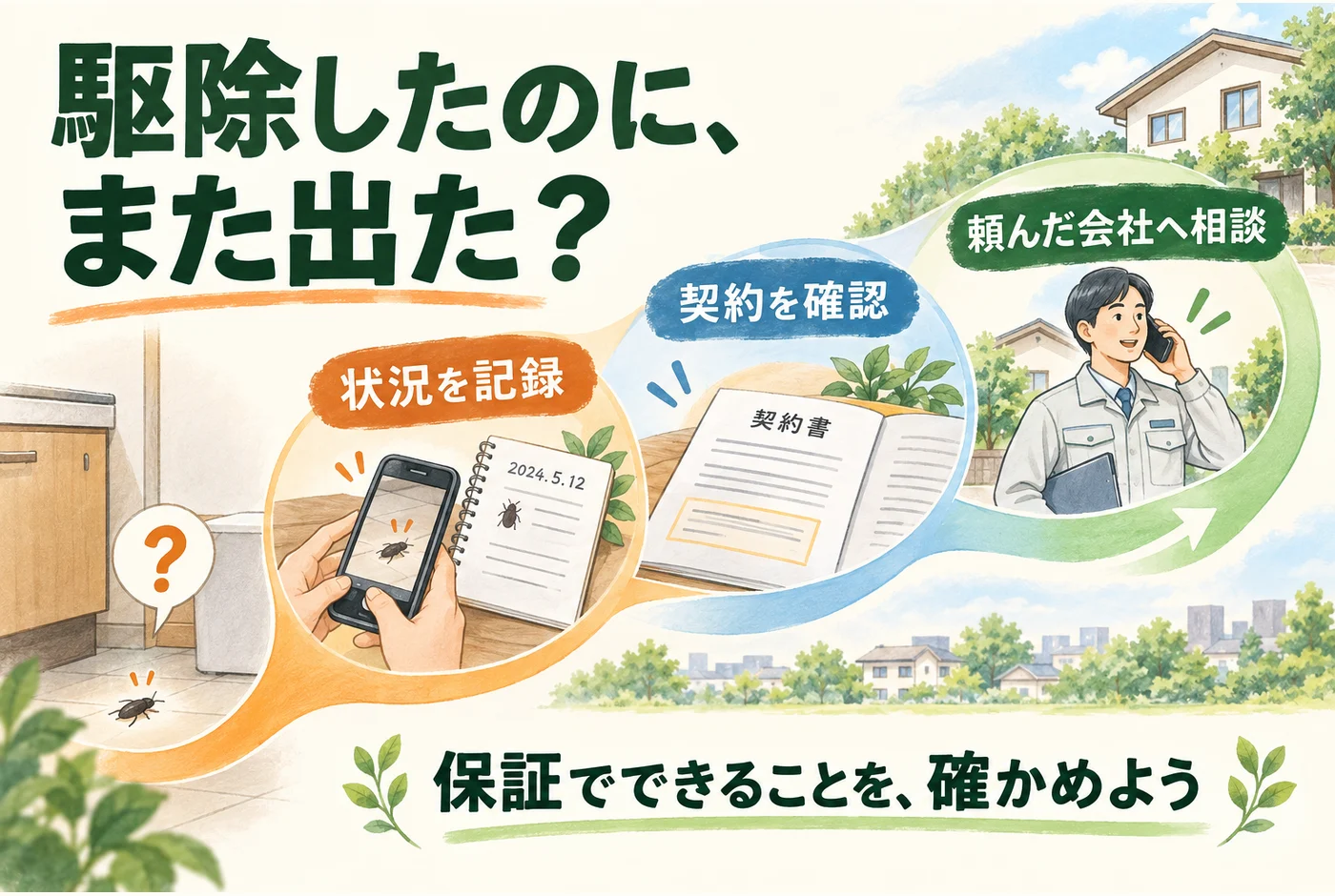 駆除後に再び虫を見つけたら、記録と契約内容を用意して施工した会社へ相談する流れ