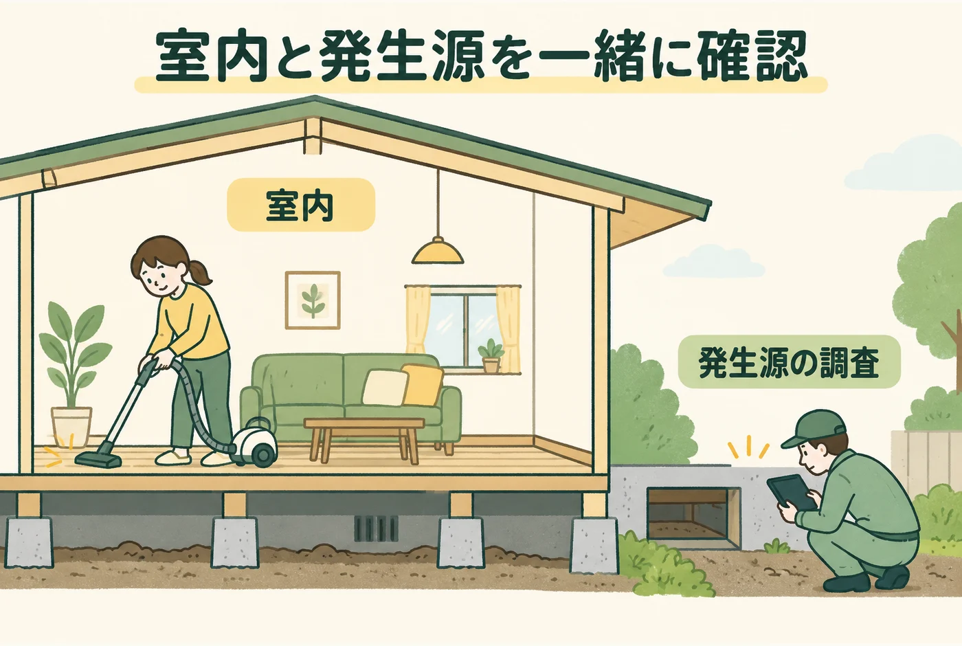 室内と発生源を一緒に確認を説明する図解