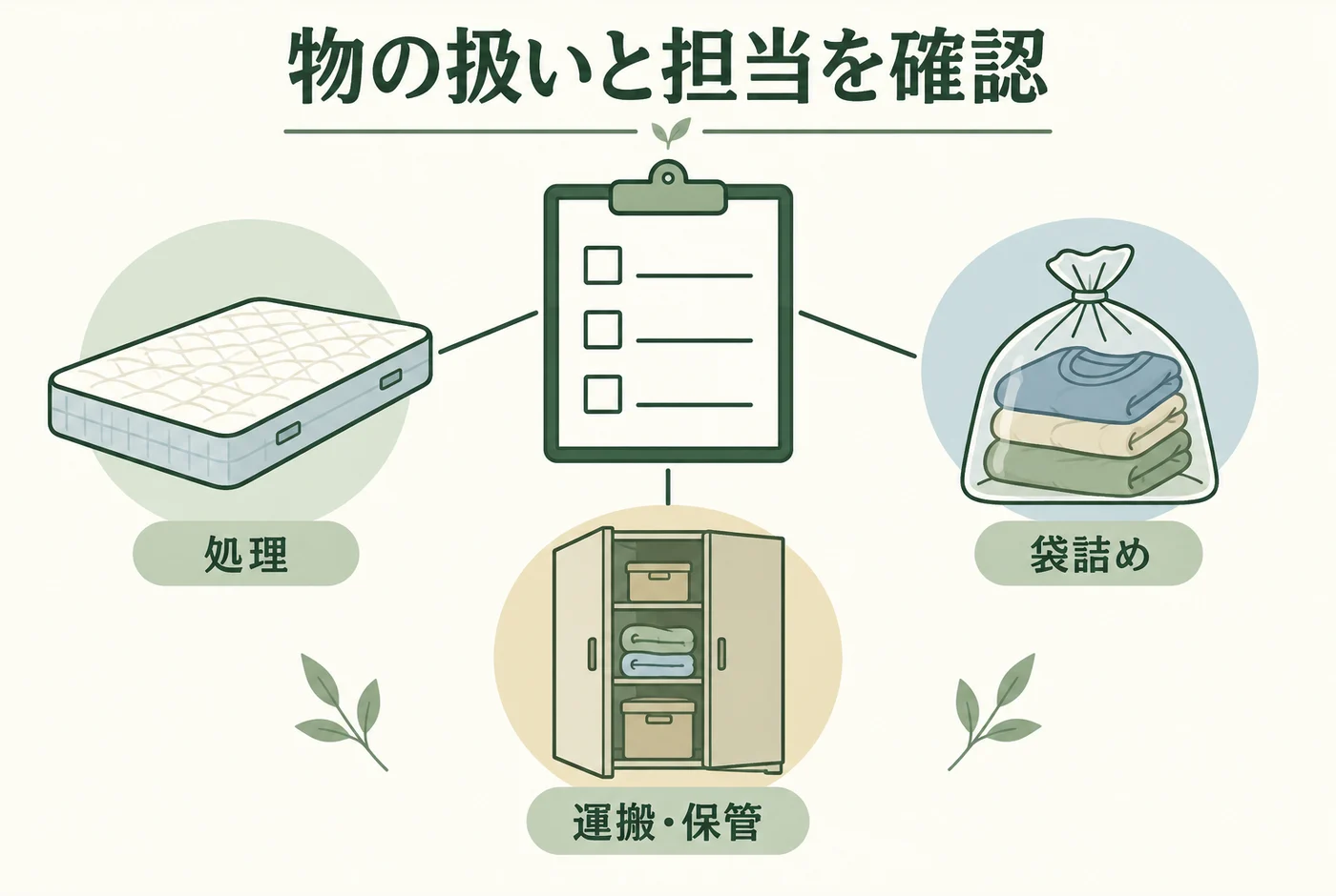 家具や寝具の処理と袋詰め運搬の分担を確認する