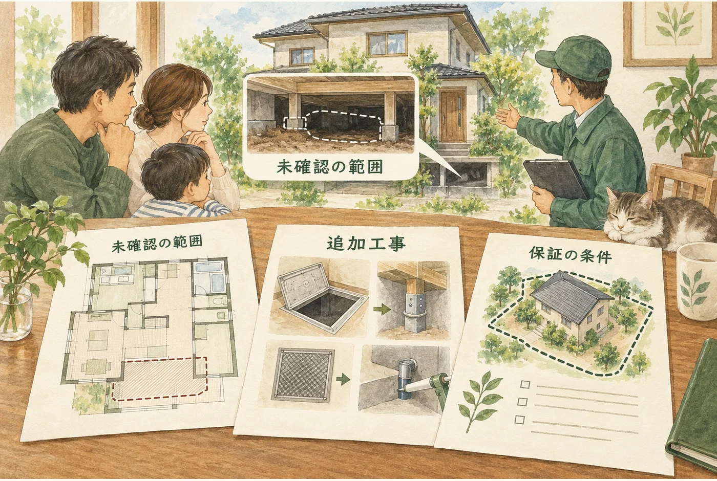 未確認の範囲、追加工事、保証条件を報告書と見積書で照合する図