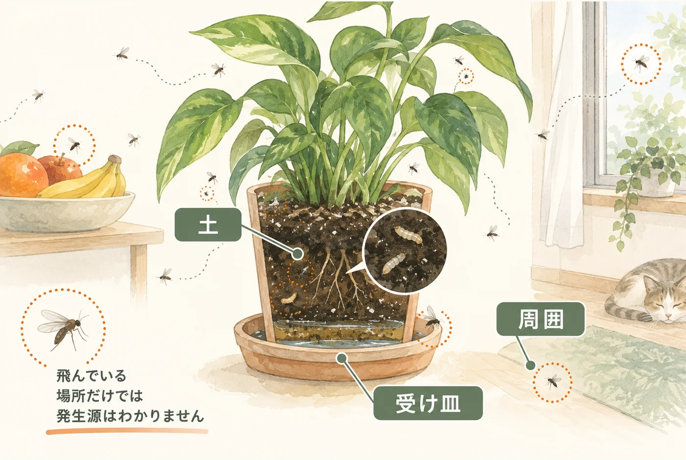 土、受け皿、周囲を見比べ、飛んでいる場所だけで発生源を決めない考え方