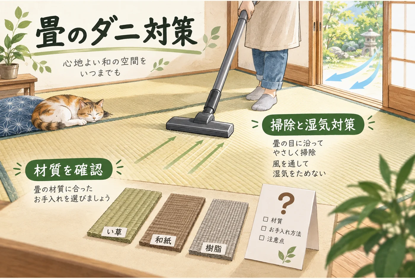 畳の手入れで材質を確認する流れ