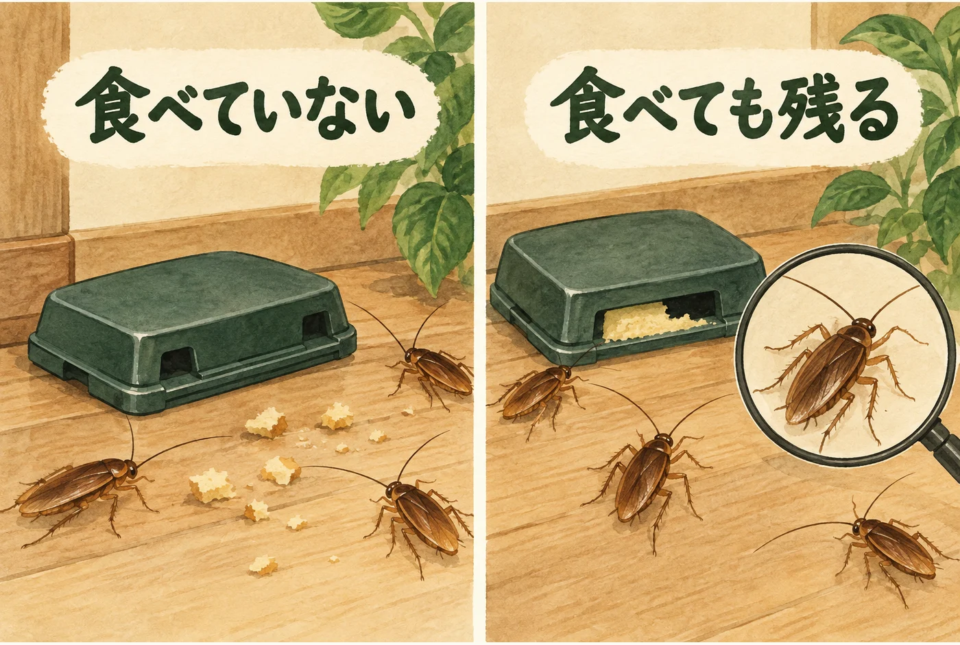 毒餌を食べていない場合と、食べても虫が残る場合の違い