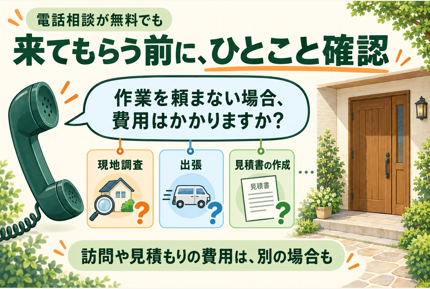 電話相談が無料でも現地調査、出張、見積書作成の費用は別の場合があるため、依頼しない場合の費用を訪問前に聞く図