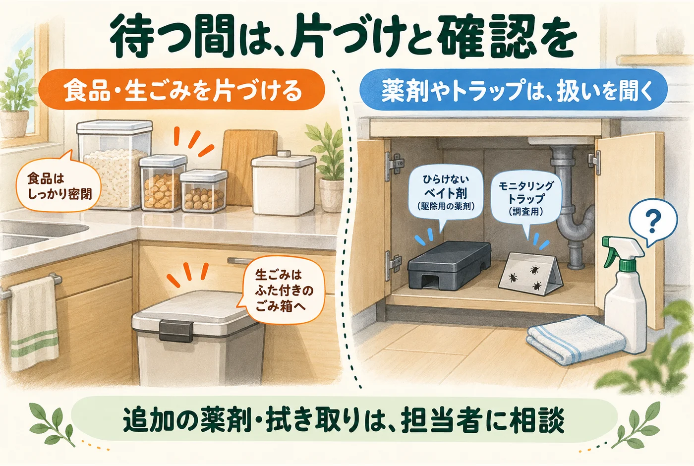 食品と生ごみを片づけ、置かれた薬剤やトラップの扱いは担当者の説明を確認する図