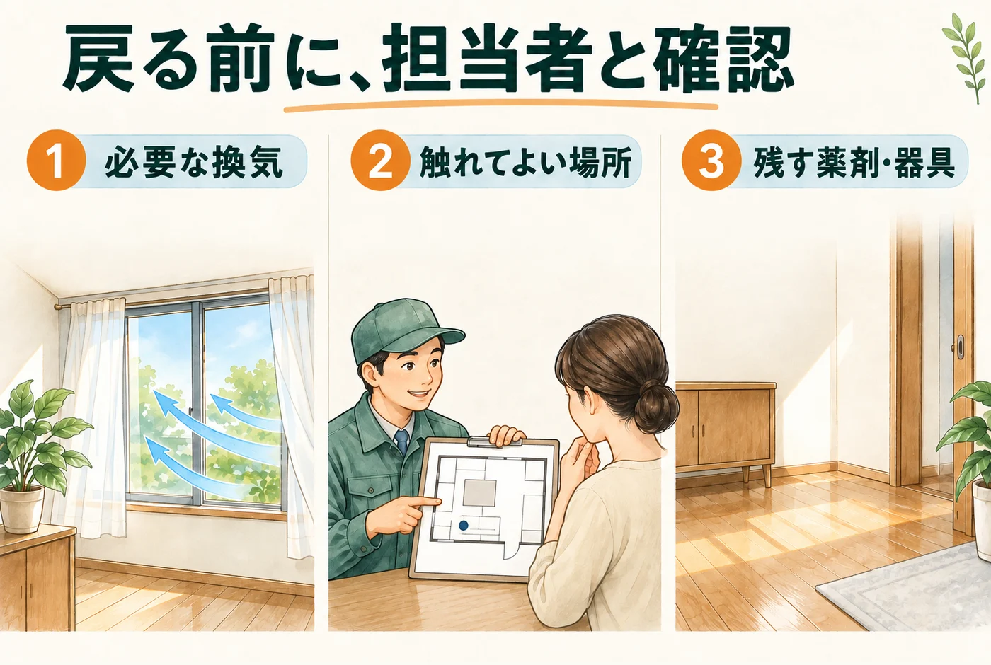 必要な換気、触れてよい場所、残す薬剤や器具を担当者と確認する図