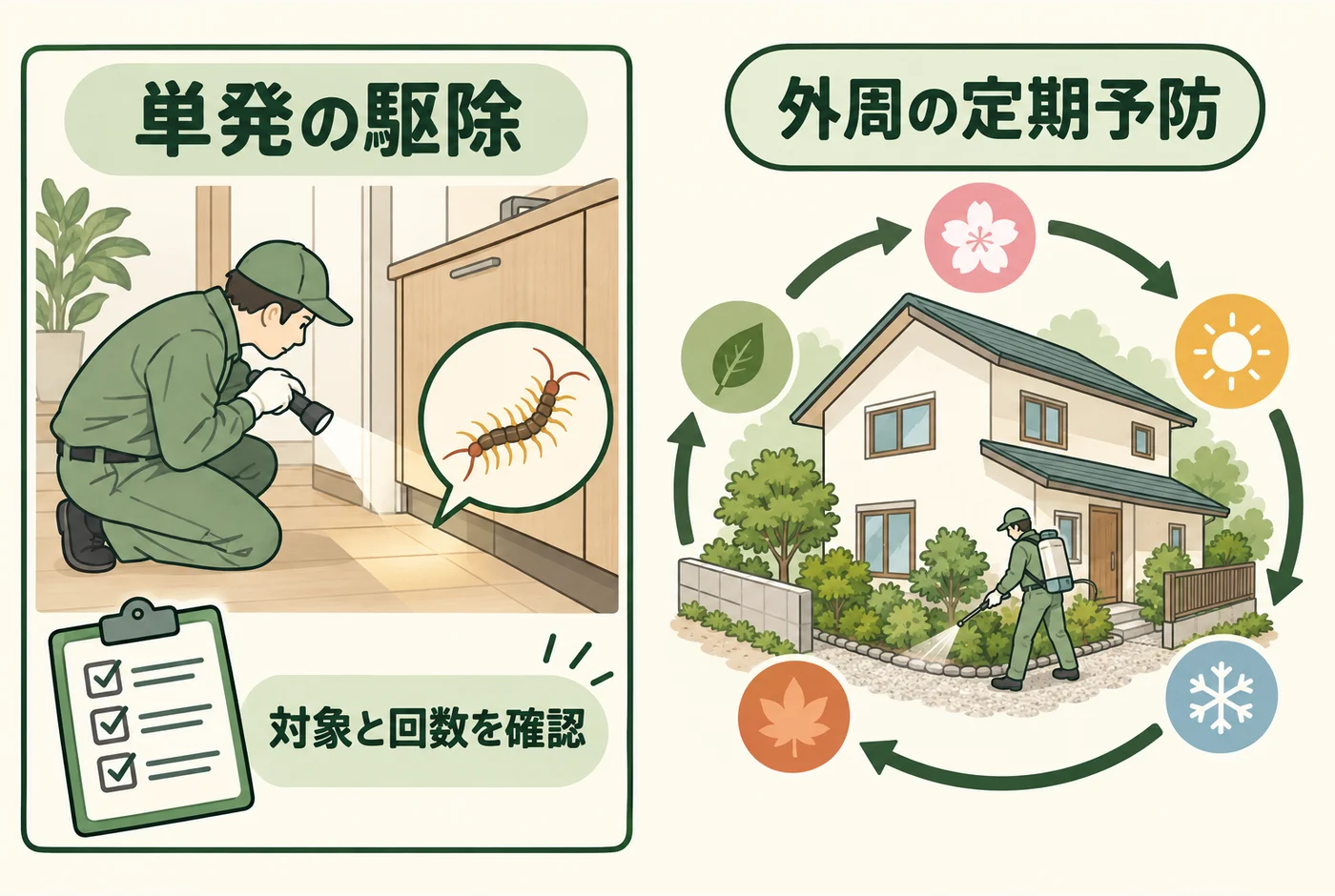 単発の駆除と年間の外周管理を別々に比べる図