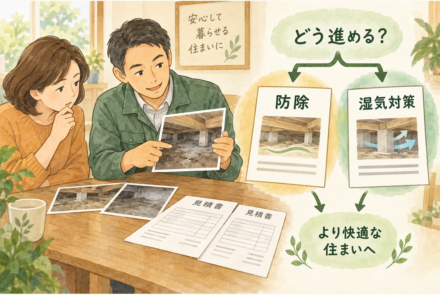 自宅の調査資料と工事内訳を建築の相談先へ持っていく図