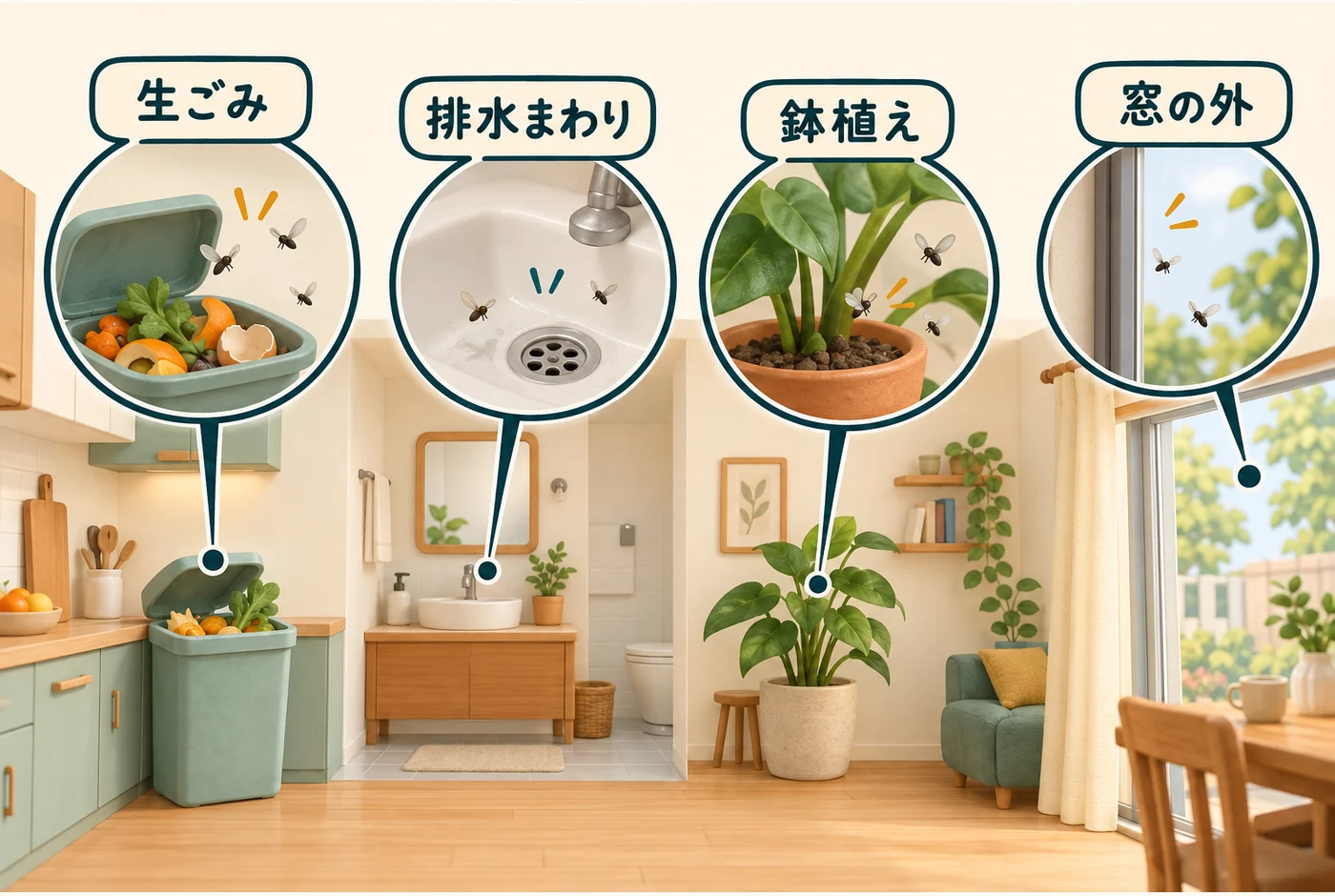 コバエがいなくならないときは？種類と発生源から対策を選ぶ