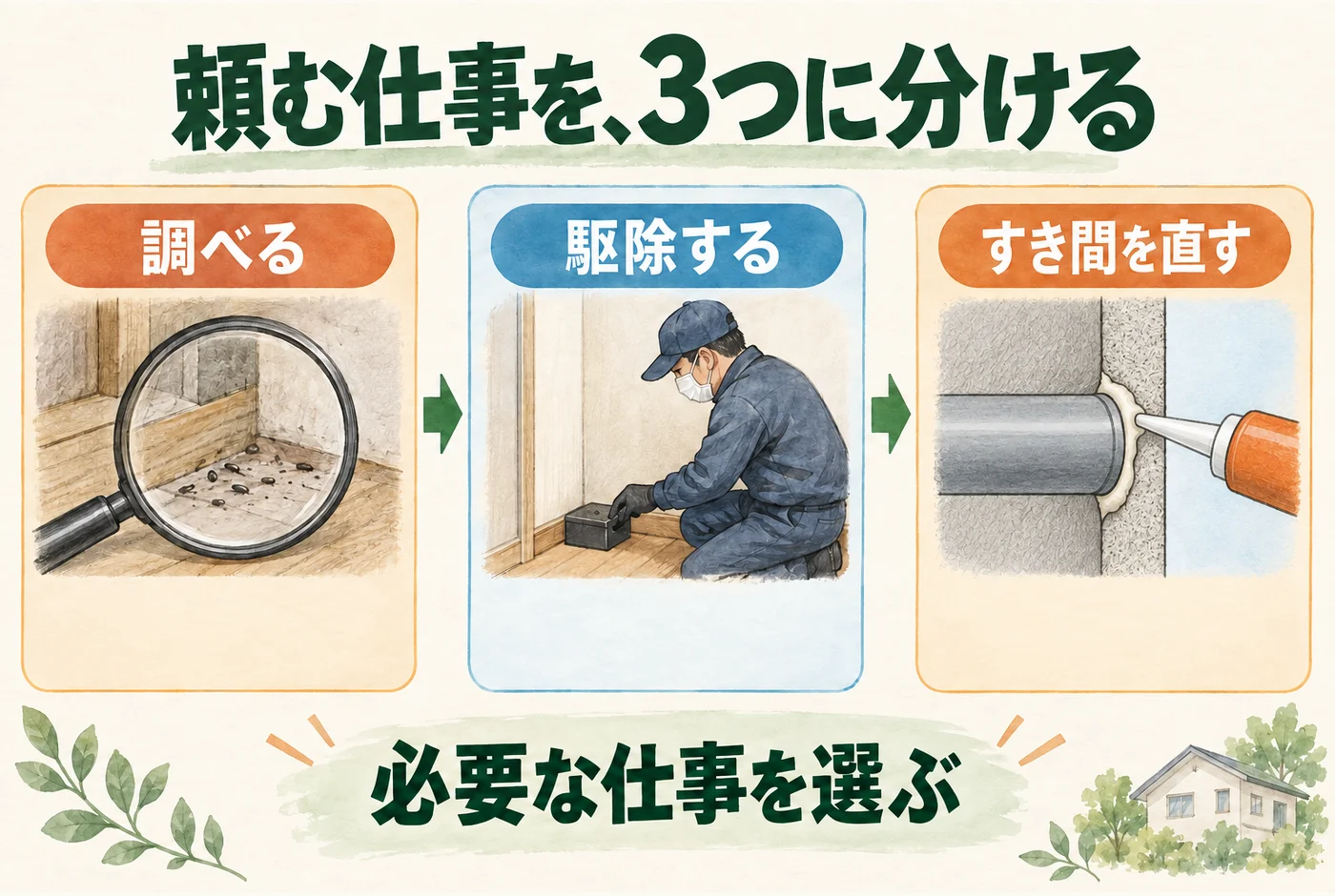 調べる、虫を駆除する、設備のすき間を直すという3つの仕事