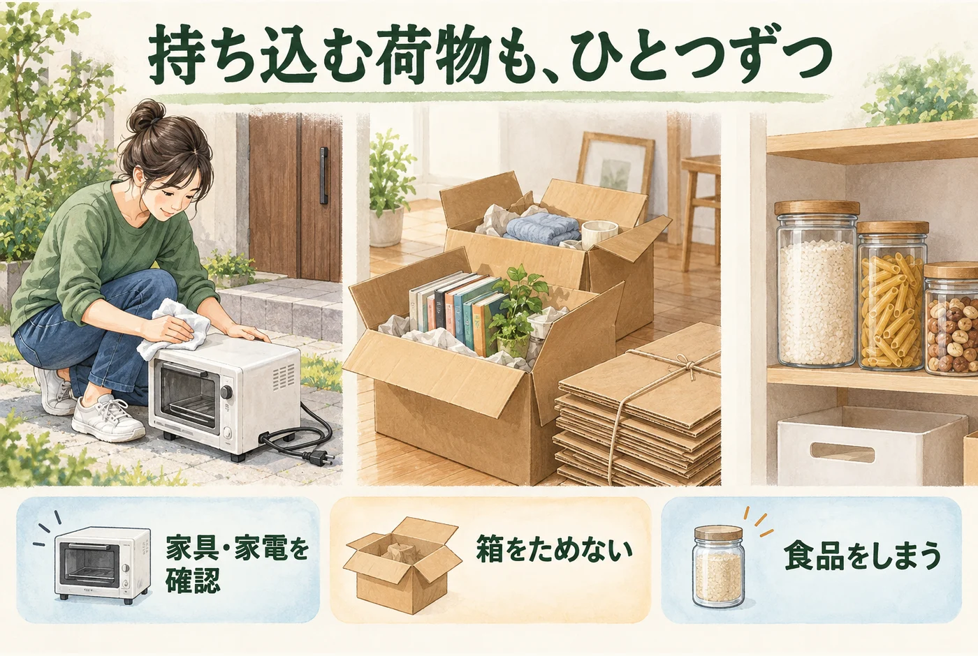 家具家電の外側を確認し、箱を片づけ、食品を収納する荷ほどき
