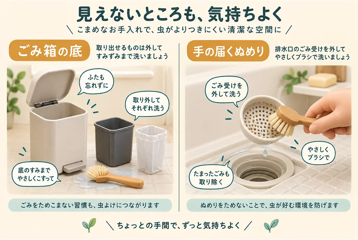 ごみ箱の底と、取り外して洗える排水部品を清掃する図