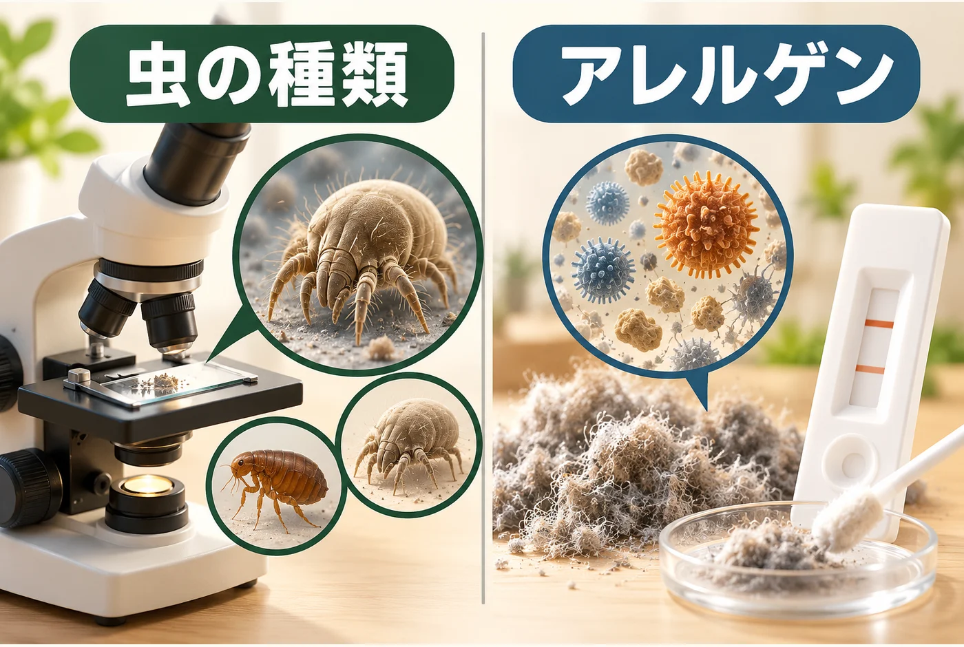 虫の種類を調べる検査、ほこりのアレルゲン検査、医療機関の相談を分ける図