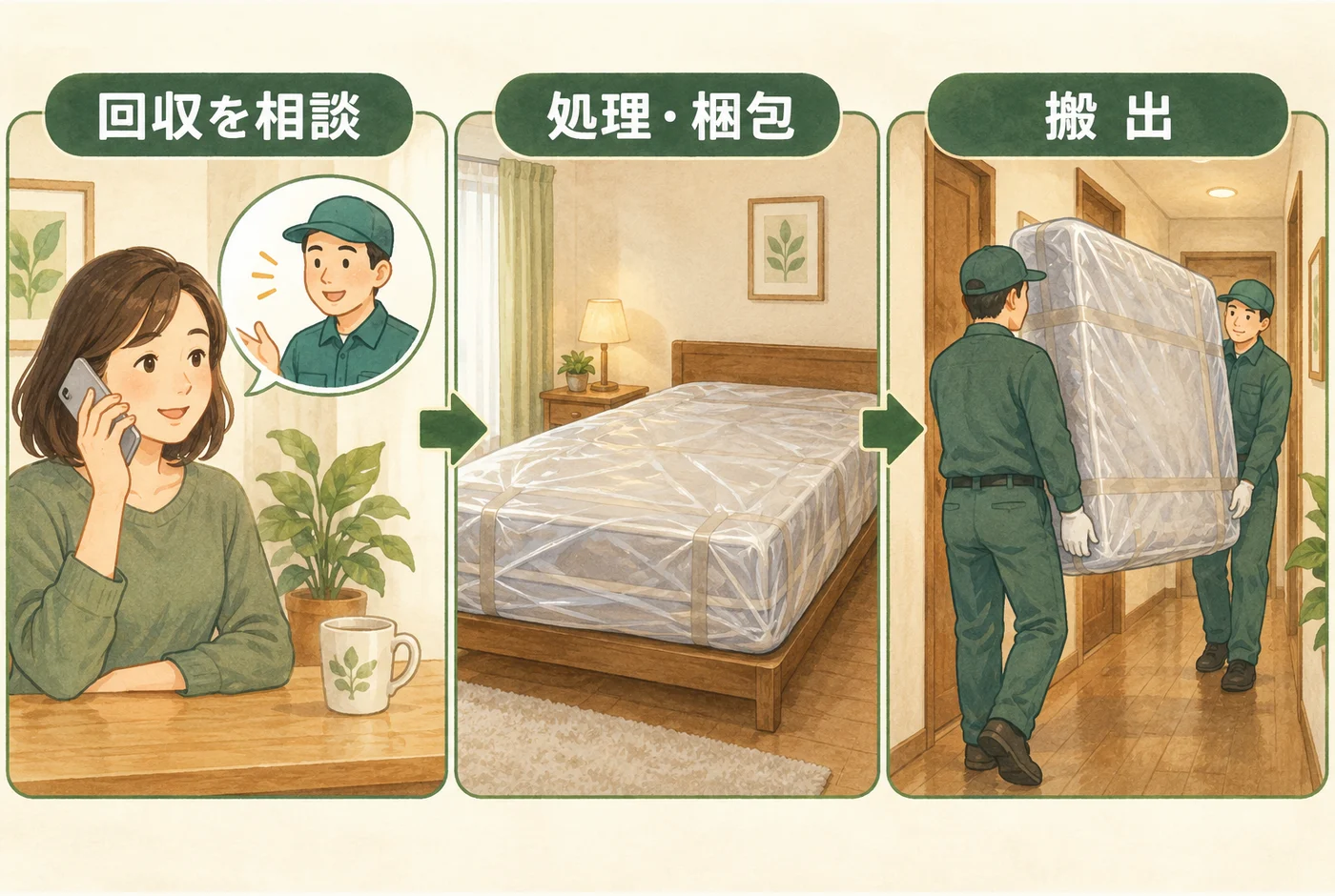 室内での封じ込め、搬出経路、回収担当者への事前連絡を示す図