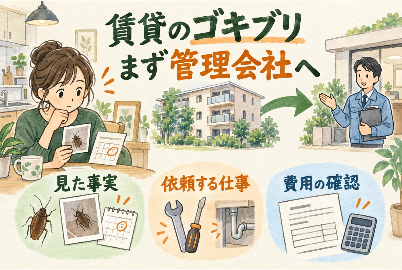 賃貸のゴキブリについて、発見記録と依頼作業、費用を管理会社へ確認する流れ