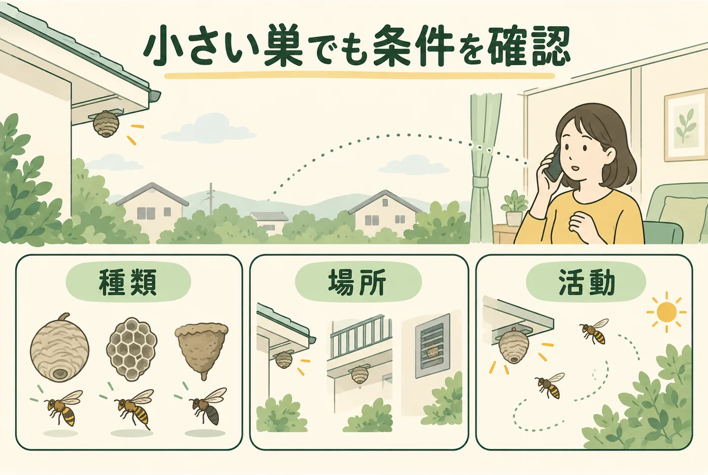 「小さい巣でも条件を確認」の判断ポイントを示す図解
