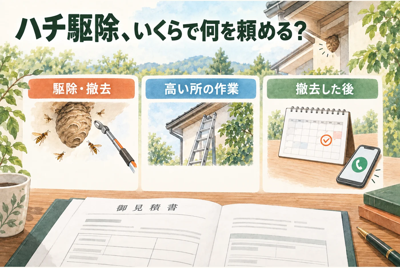 巣の駆除と撤去、高所作業、撤去後の確認を分けて料金を比べる図
