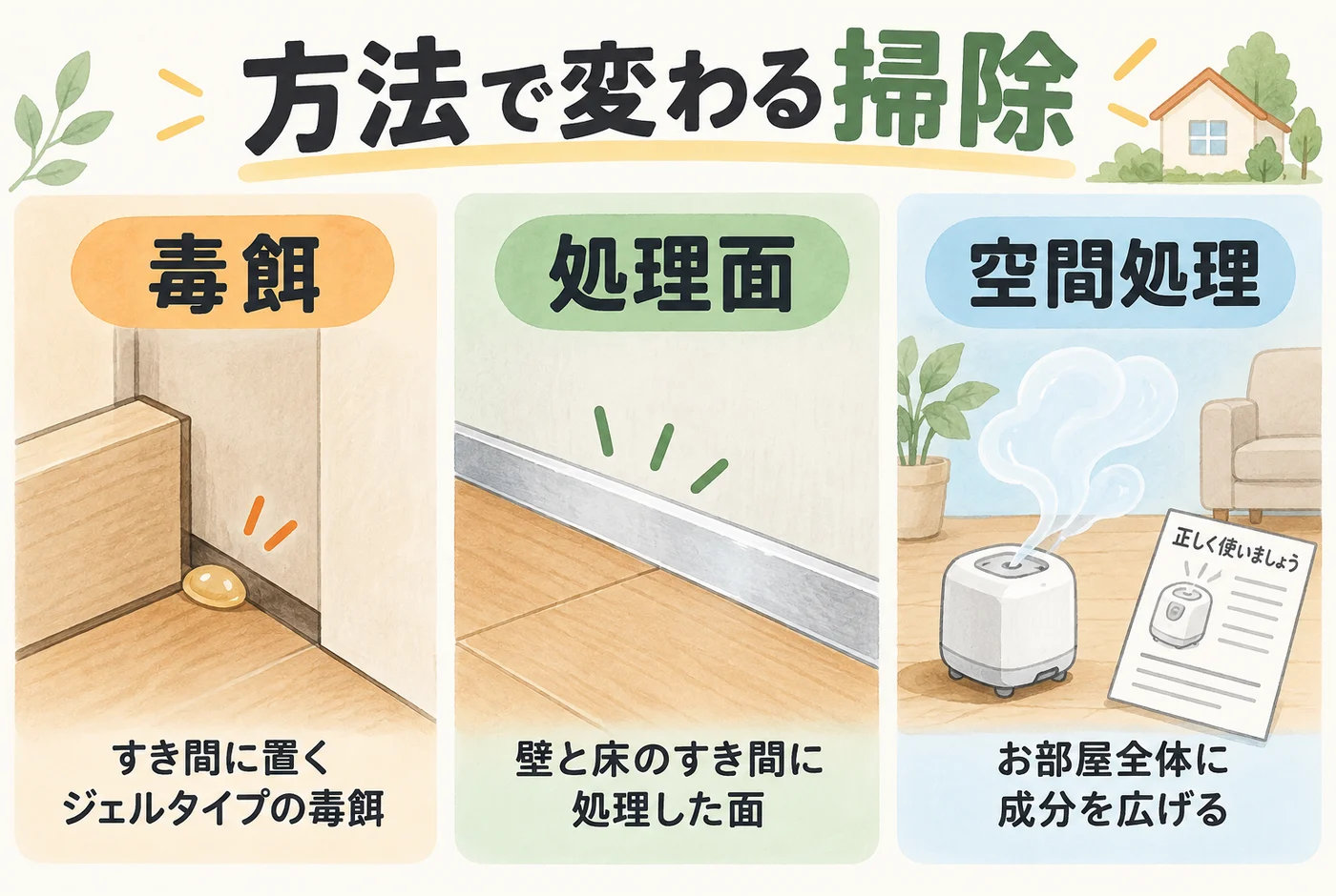 毒餌、薬剤の処理面、空間処理の違いを三つの絵で比較