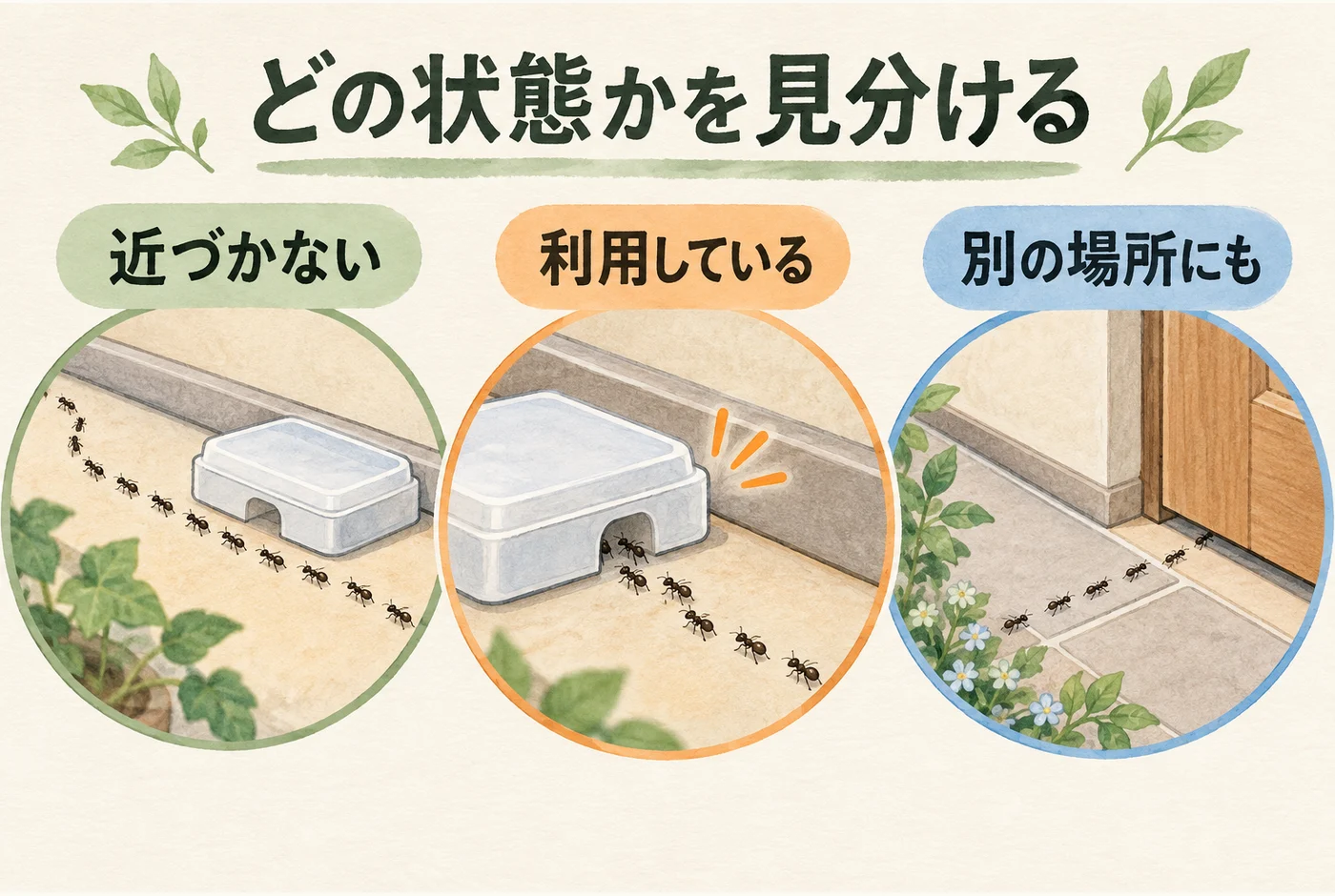 アリの反応の三段階を説明する図解