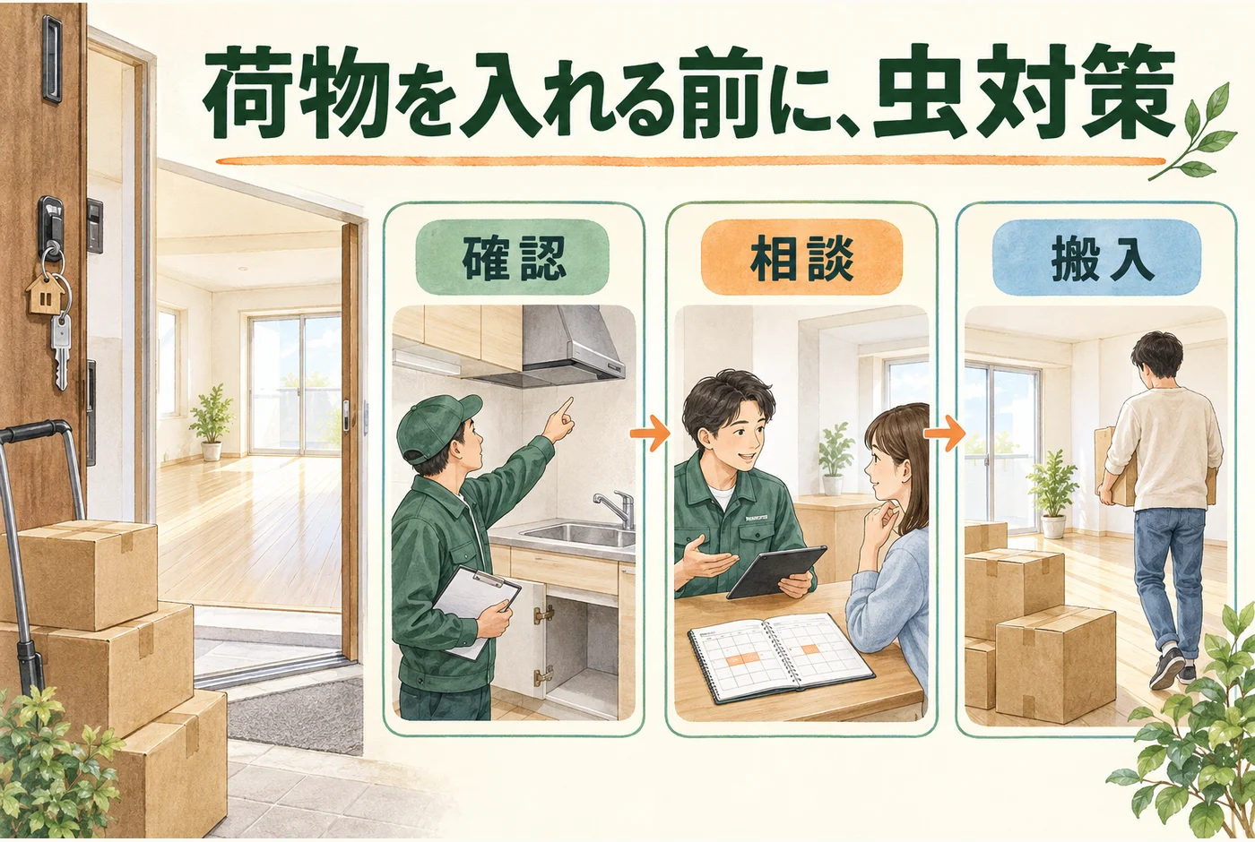 鍵の受け取りから部屋の確認、必要な対策、荷物の搬入へ進む入居前のゴキブリ対策