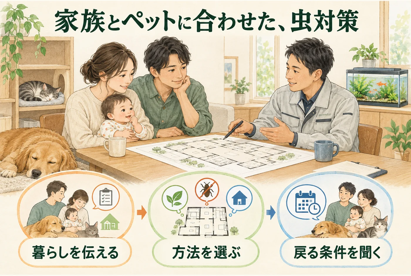 家族とペットの暮らしを伝え、駆除方法と退避・帰宅の条件を相談する図