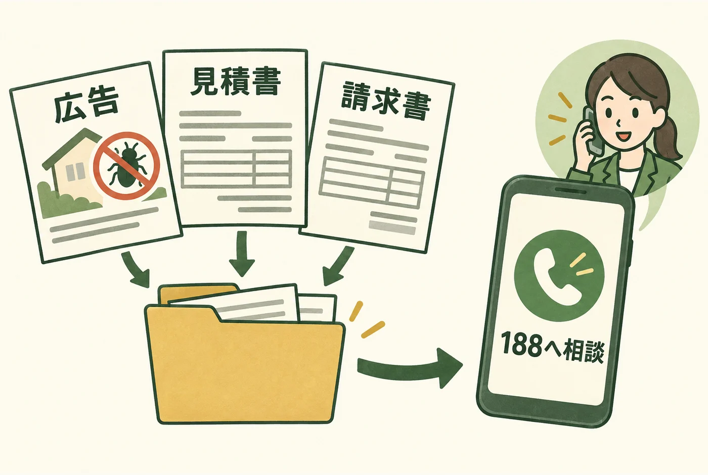 広告と見積書と請求書をそろえて相談する図
