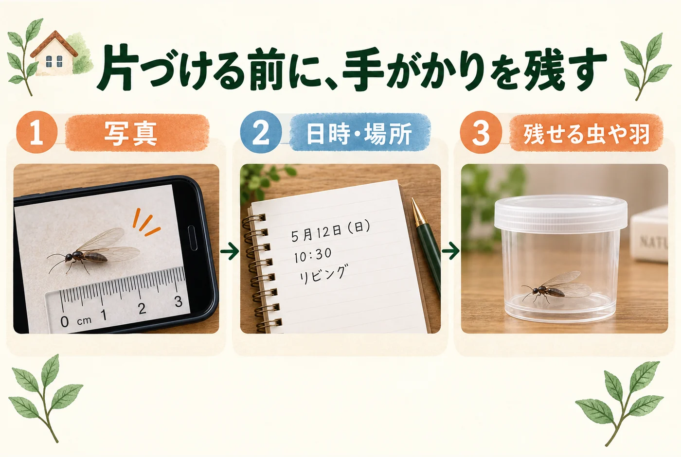 虫の全体写真、発見した部屋、日時と見えた数を記録する図