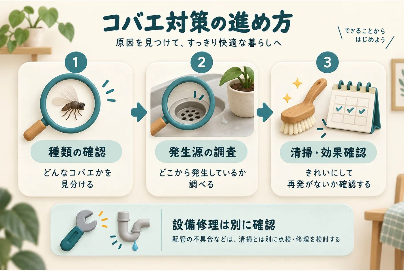 種類の確認、発生源の調査、清掃と効果確認、設備修理を分ける図
