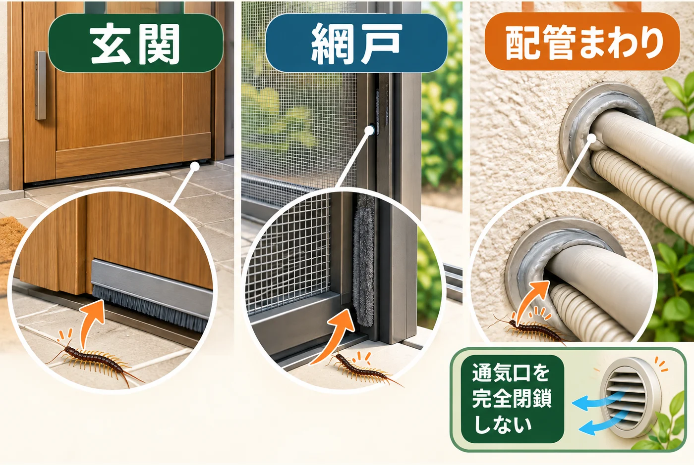 玄関・網戸・配管まわりのすき間を点検し、通気口は閉鎖しないことを示す図