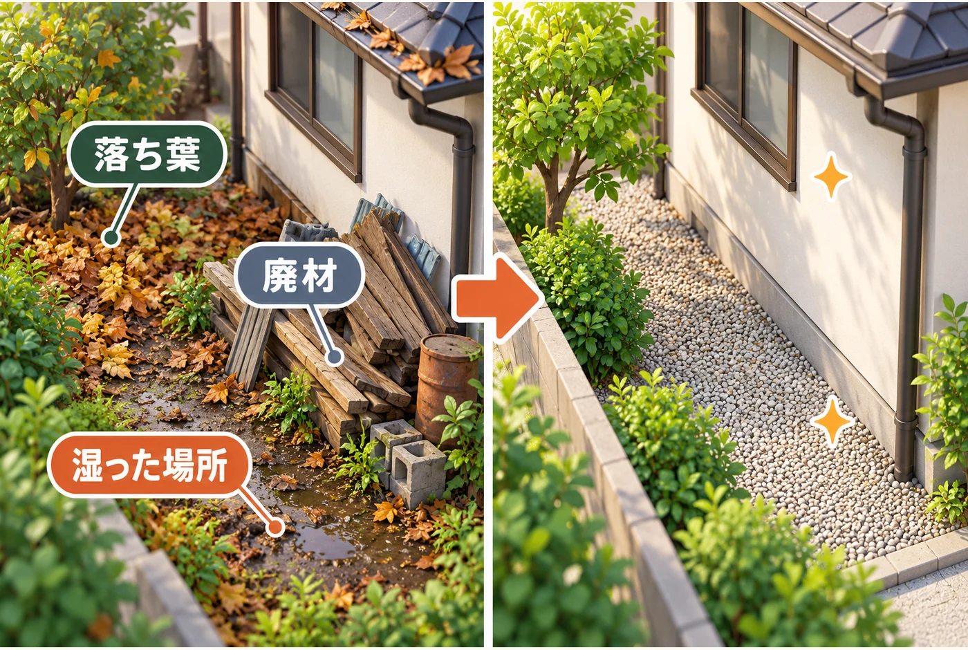 家の周囲の落ち葉や木材を整理し、建物沿いを確認する図