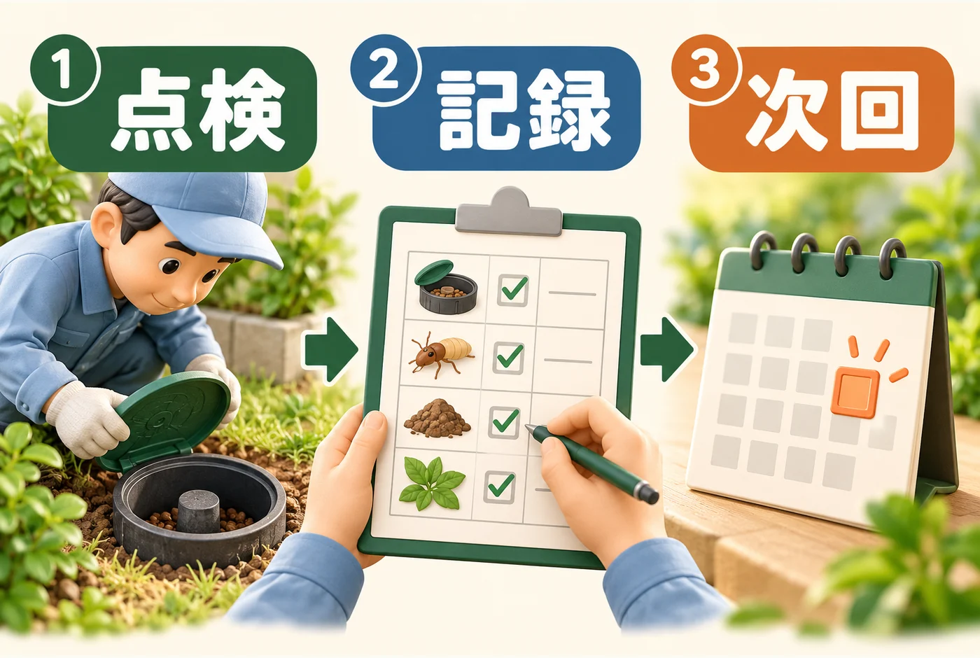 設置した容器を点検し、結果を記録して次回の確認につなぐ図