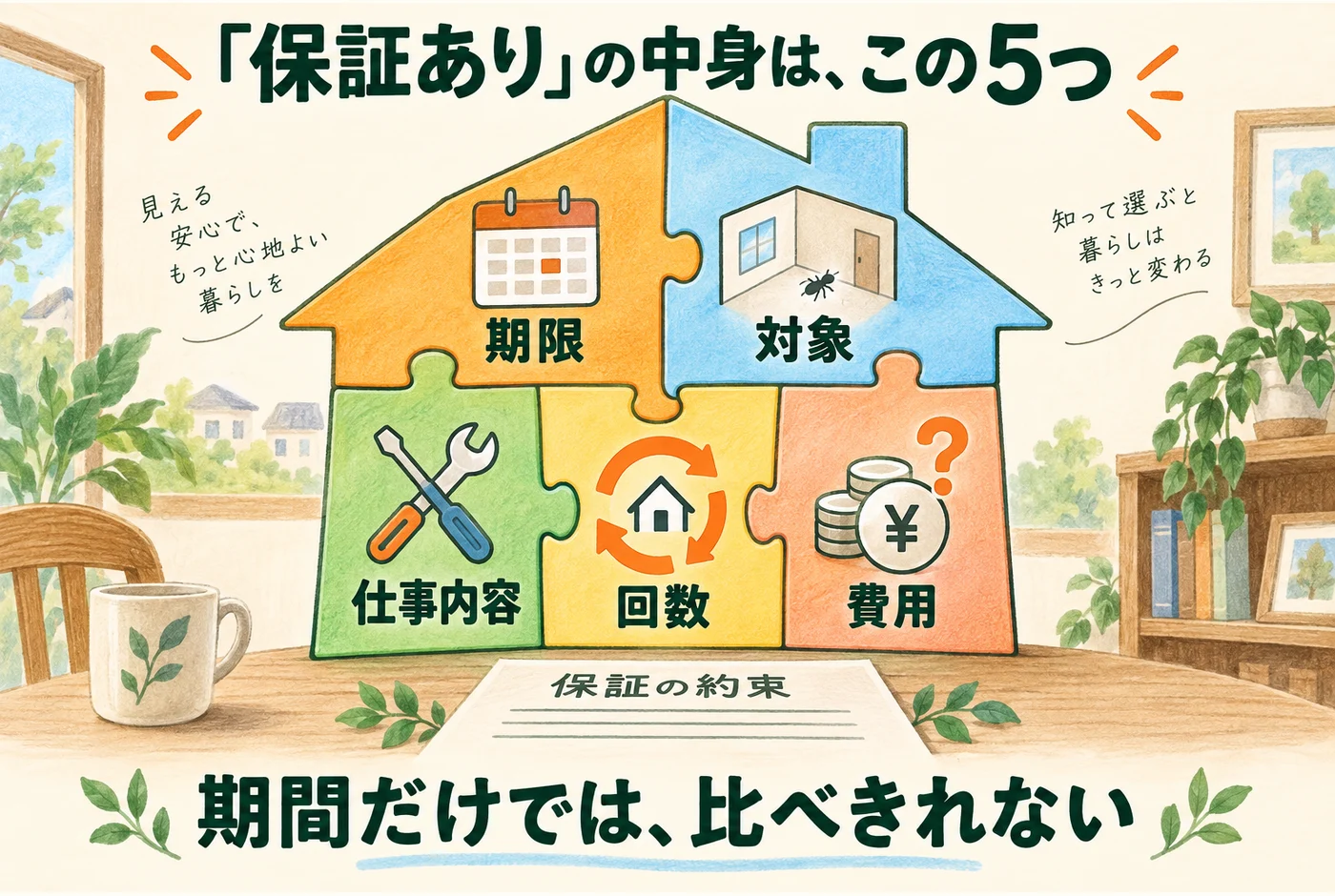 再発時の保証を、期限、対象、仕事内容、回数、費用の5点で確認する図
