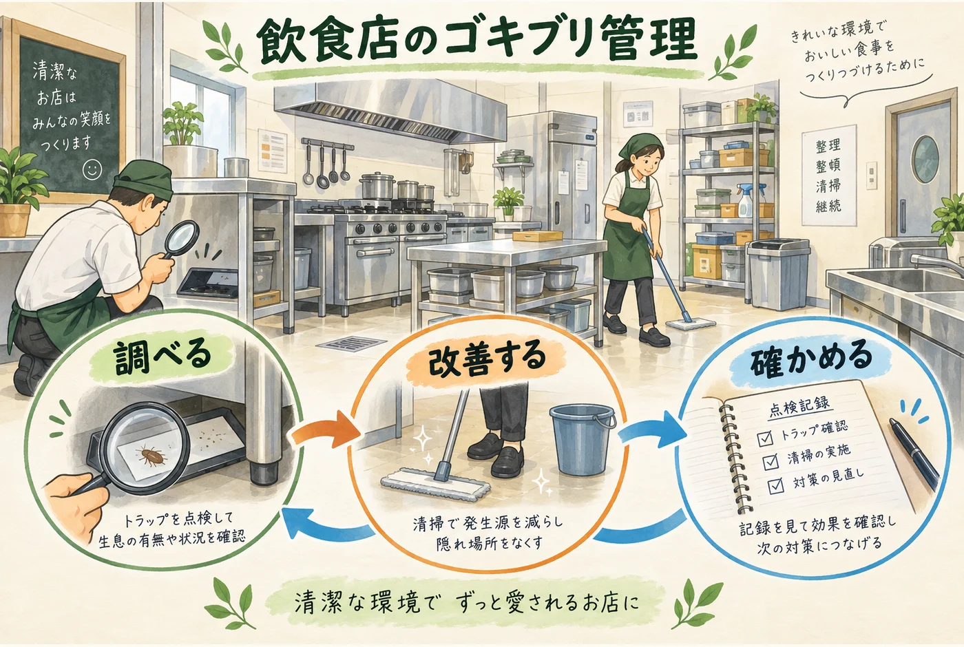 飲食店の厨房と調査・清掃・確認のつながり