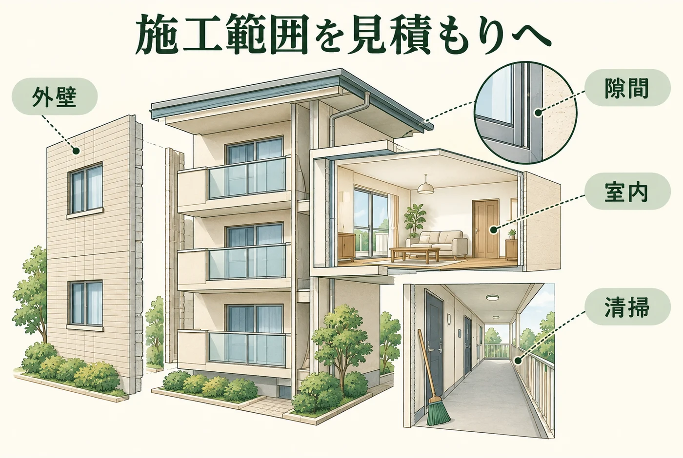 外壁と隙間と室内と清掃の仕事を別々に示す