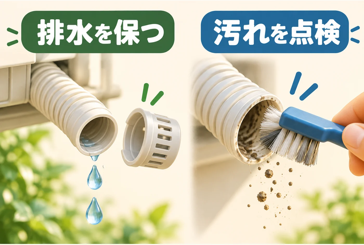 ホースに合うキャップを選び、排水と清掃を確認する図
