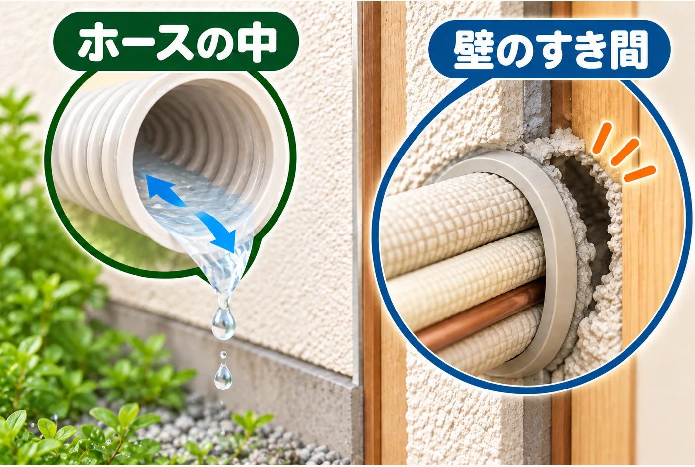 排水ホースの開口部と、壁の配管穴の外側のすき間を区別した図