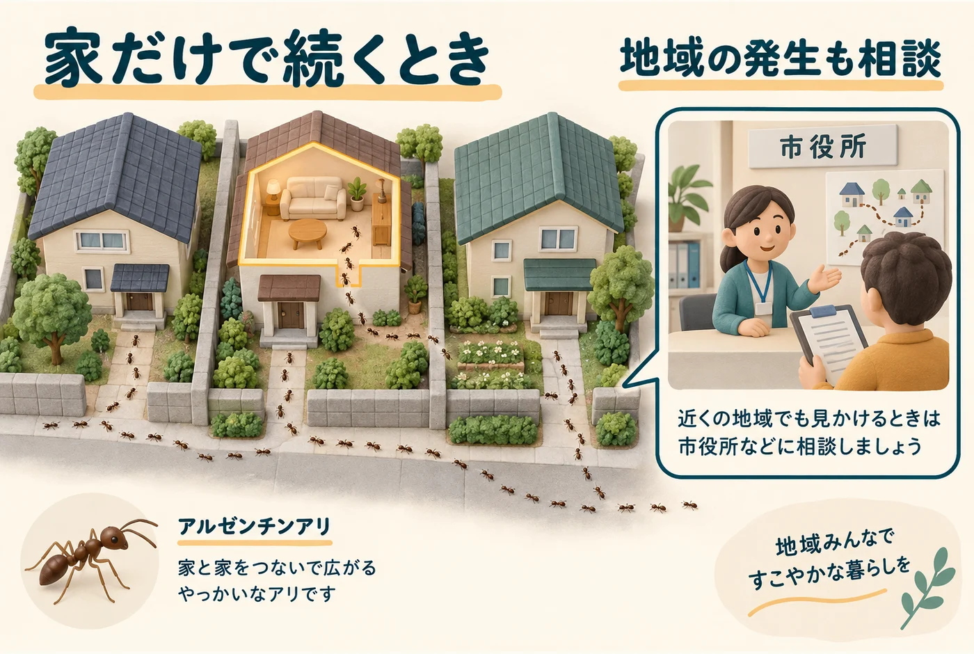 家の周囲でつながるアリの経路と、地域の相談を表した図