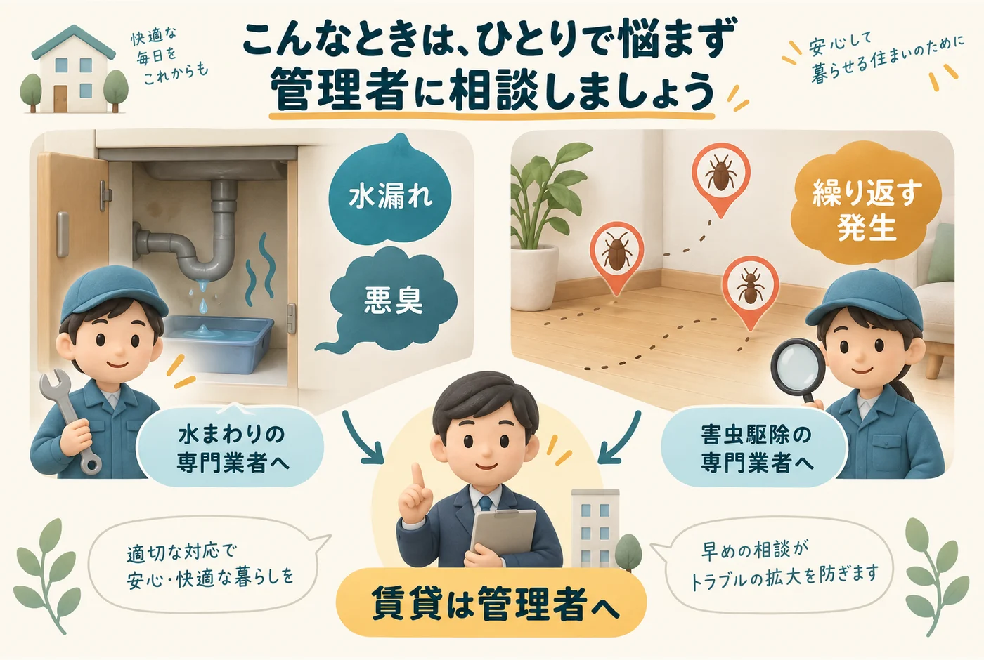 水漏れ・悪臭と、繰り返す害虫の発生で相談内容を分ける図